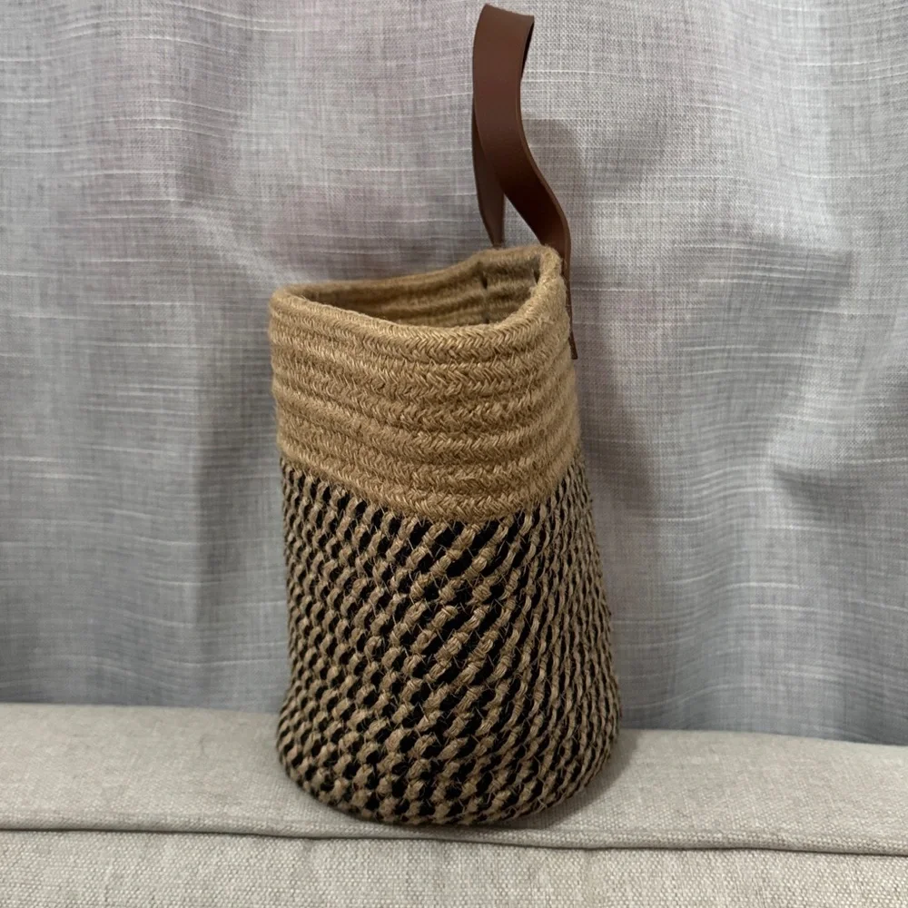 Woven Natural Fiber Coil Style Basket-Brown Faux Leather Hanging Loop-EUC